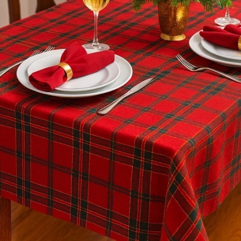 Christmas Royale Red Green Gold Plaid Oblong Tablecloth 60x104 Holiday Red 85-18